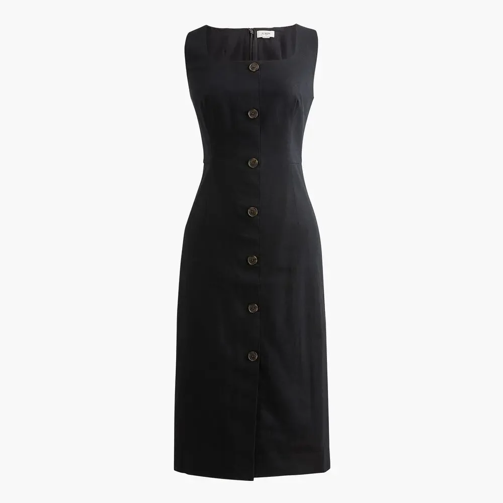 J.Crew Linen Cotton Blend Old Money Button Front Midi Dress Black 0